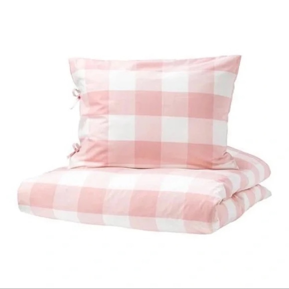 IKEA Emmie Ruta Duvet Cover Set Pink Buffalo Check 2 Pillow Shams Full/Queen